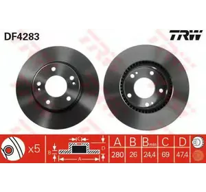 Диск тормозной TRW DF4283 на HYUNDAI TIBURON (RD) Диск тормозной TRW DF4283 на HYUNDAI TIBURON (RD)